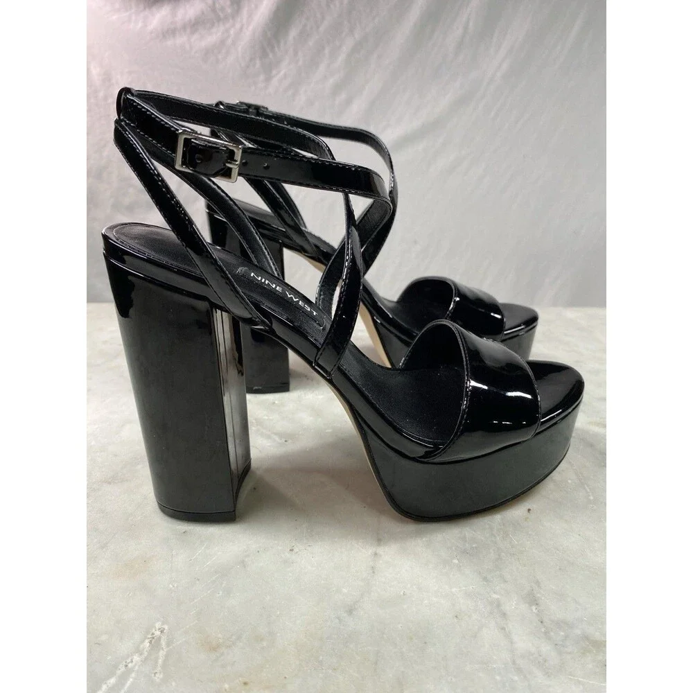 Nine West Platform Sandals Women’s 7 Black Patent Strappy Ankle - Picture 3 of 10